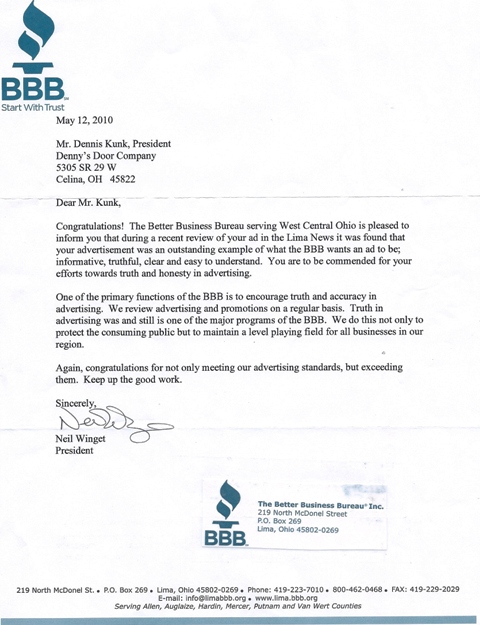 Leter From BBB To Denny's Door Company
